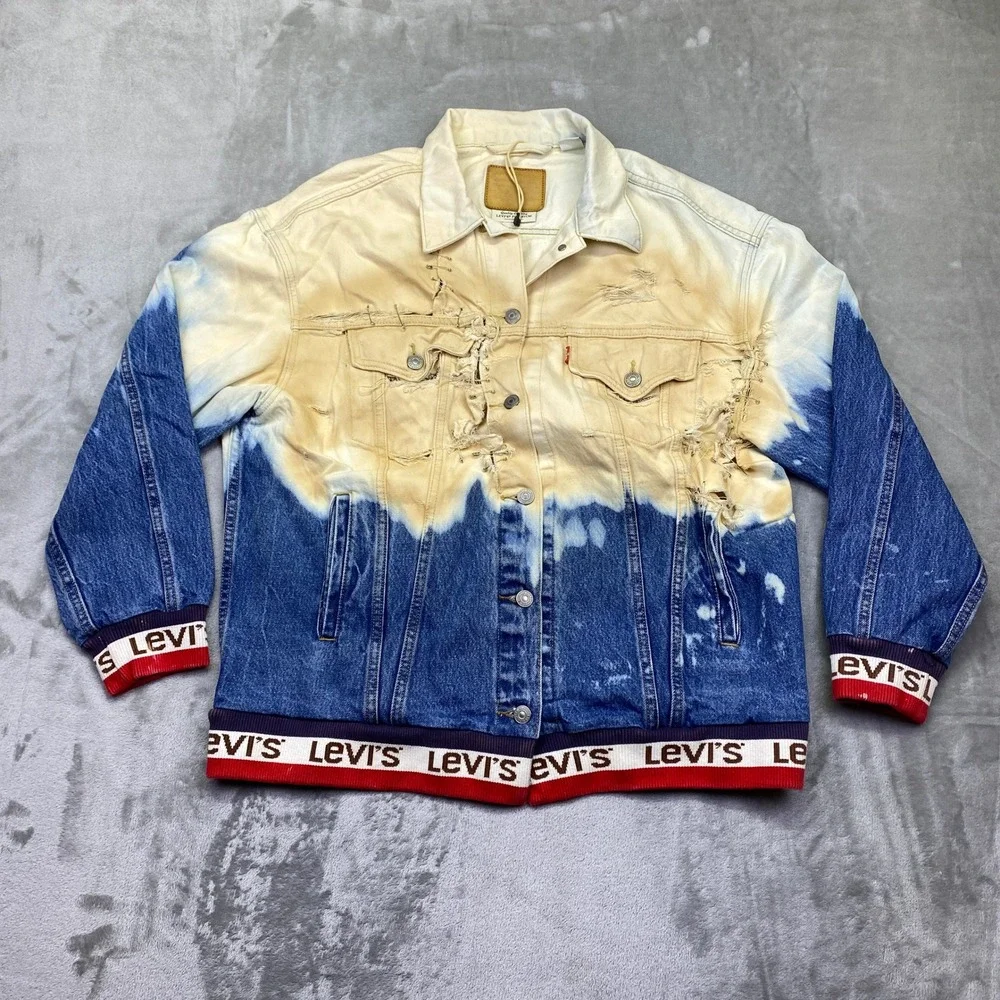 Levis Distressed Ombre Tie Dye Denim Trucker Jacket Custom Bleached Safety Pin L